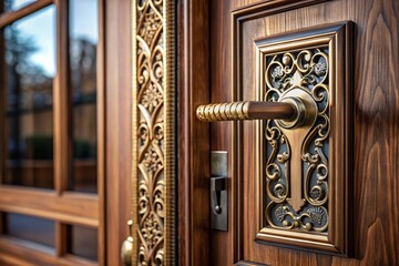 Obraz premium Closeup Panoramic Photography of an Elegant Door with a Sleek Locking Handle, Highlighting Intricate Design and Functionality for Home Security and Aesthetic Appeal