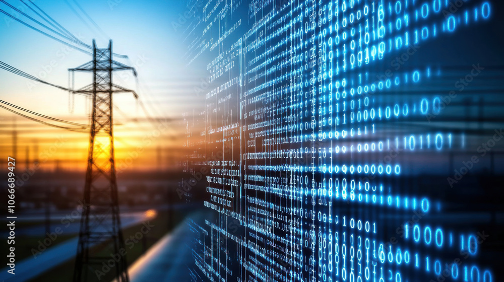 Poster electric substation silhouette at sunset with digital binary code overlay, symbolizing technology an