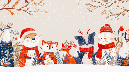 illustration sur le thème de noël avec des animaux de la forêt habillés avec écharpes et bonnets sur un fond enneigé avec des branches d'arbres