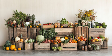 A rustic farmers' market display featuring seasonal vegetables, fruits, and handmade goods on wooden crates