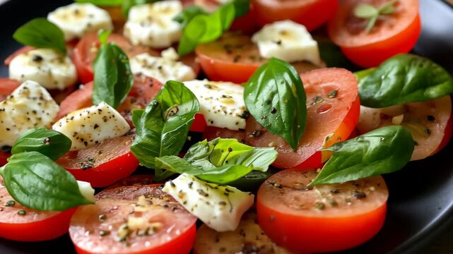 A close-up shot of a fresh caprese salad with tomatoes, mozzarella, and basil on a black plate