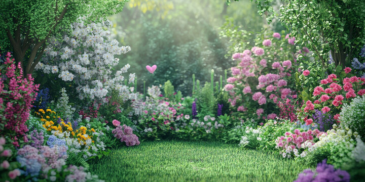 Charming garden background with blooming flowers and lush greenery, ideal for spring-themed projects