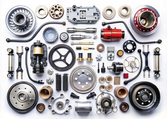 Comprehensive Collection of Isolated Motor and Automotive Parts on White Background, Perfectly Arranged for Automotive Enthusiasts and Professionals Seeking High-Quality Reference Images