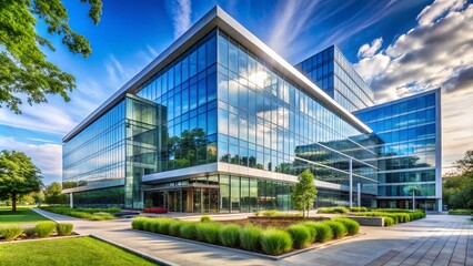 Modern Office Building Panoramic View with Large Glass Panels and Sleek White Exterior, Ideal for Architectural Design, Urban Landscape, Business Environment, and Contemporary Aesthetics