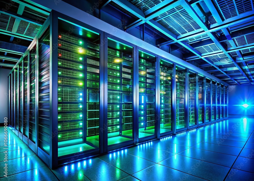Poster modern server room interior at night - high-tech data center with illuminated server racks in blue a