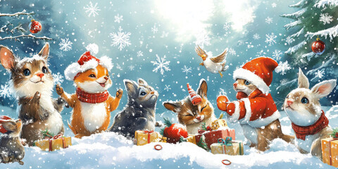 A whimsical illustration of animals celebrating winter festivities, surrounded by snowflakes and holiday cheer
