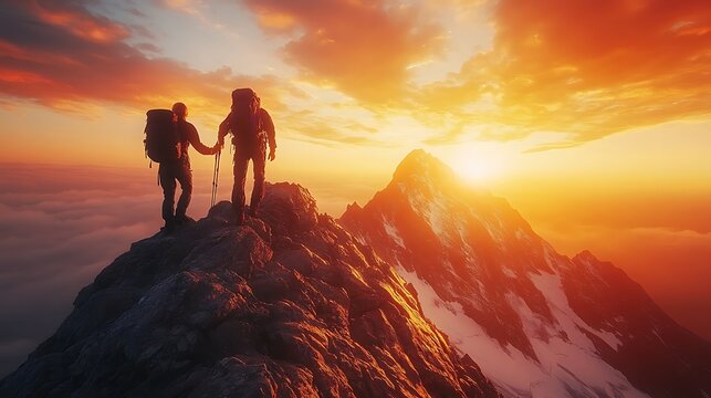 Two hikers helping each other reach the top mountain
