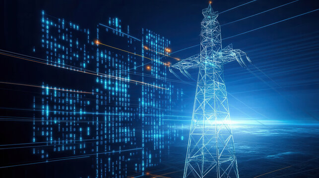High voltage tower with digital elements and blue background, symbolizing energy and technology. image conveys sense of innovation and power in electrical industry