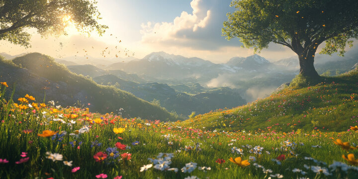 A dreamy landscape with rolling hills and wildflowers, capturing the essence of peaceful moments and magic