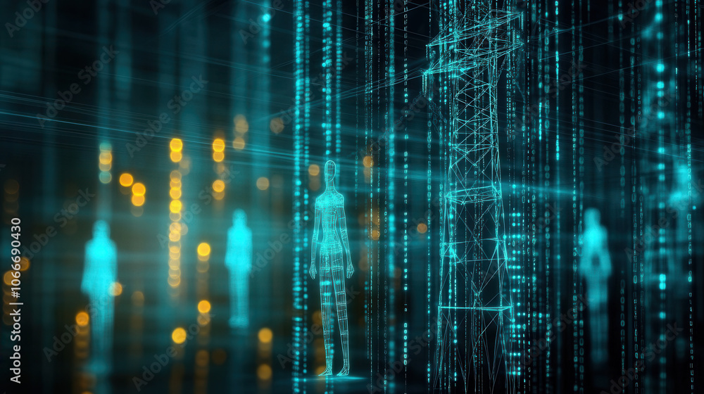 Poster futuristic scene featuring high voltage tower amidst glowing digital figures and binary code, symbol