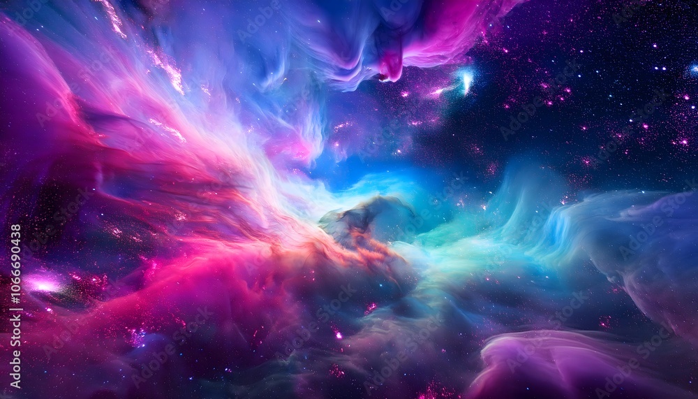 Wall mural a dreamy psychedelic background filled with neon-colored clouds that fade into a deep space