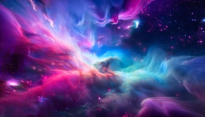 A dreamy psychedelic background filled with neon-colored clouds that fade into a deep space