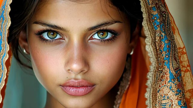 A woman with dark hair and large, expressive eyes is partially obscured by a bright orange and blue shawl