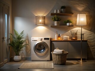 Cozy Bathroom Scene with Laundry Basket Next to Washing Machine in Low Light, Showcasing Neatness and Home Comfort for a Relaxing Atmosphere