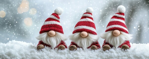 Three cute gnomes in red hats sitting amidst snowy background with festive vibes