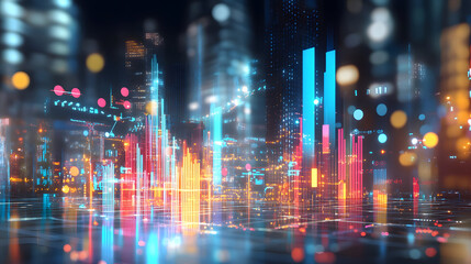 3D render of investment growth metrics with vibrant city lights