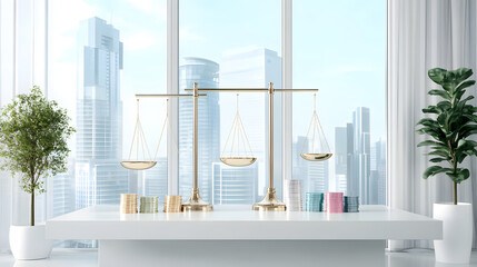 3D render of balance scales with coins and banknotes in modern office