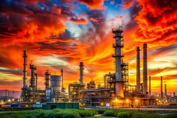 Obraz premium Morning at the Oil Refinery: Petrochemical Industry with Flue Smoke and Dramatic Red-Orange Sky