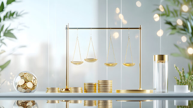 3D render of balance scales with coins representing debt and equity