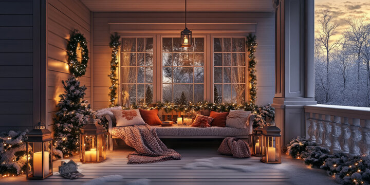 A charming winter porch adorned with evergreen garlands, warm blankets, and lanterns glowing softly in the evening