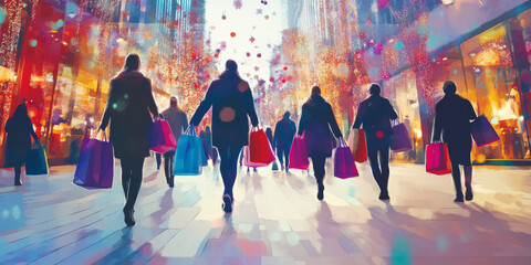 A dynamic scene with shoppers carrying colorful bags, highlighting festive sales and promotions during the Christmas season