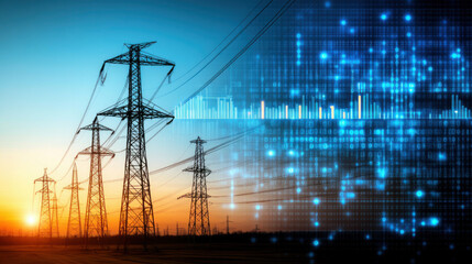 High voltage towers and power lines silhouetted against vibrant sunset, showcasing energy transmission and technology. scene evokes sense of connectivity and innovation