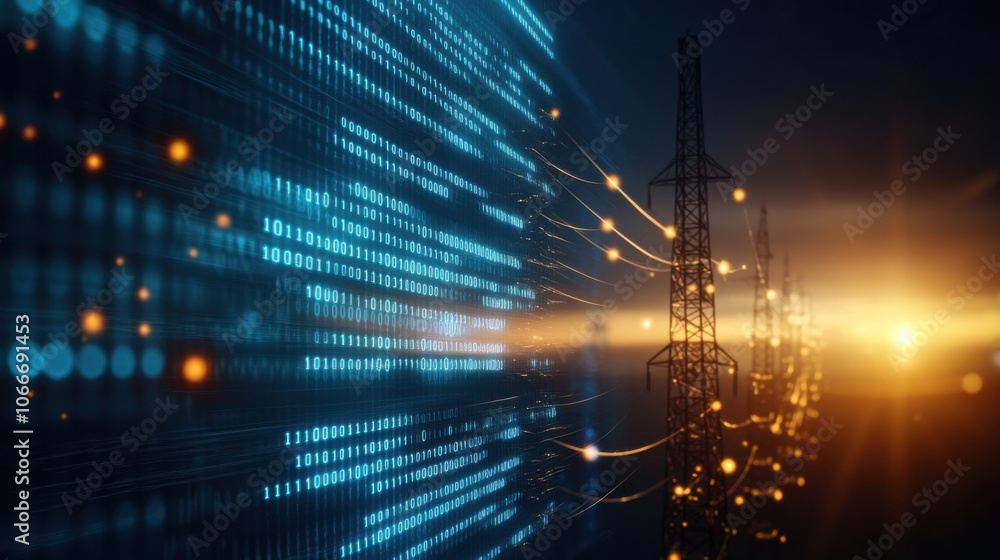 Aufkleber digital data streams and high voltage towers create striking contrast at sunset, symbolizing fusion 