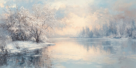 Fototapeta premium A peaceful winter lake scene with a light dusting of snow on the water's edge and soft, muted colors in the sky