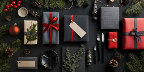 A stylish flat lay of holiday gift items, complete with sale tags, ribbons, and pine branches, perfect for marketing materials