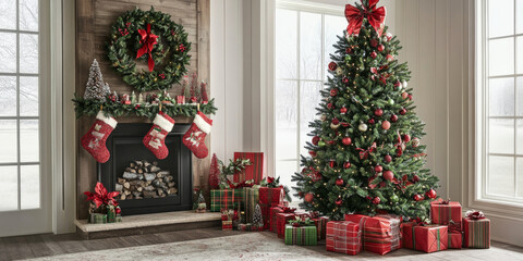 A traditional Christmas tree with classic red and green decorations, surrounded by presents and holiday cheer