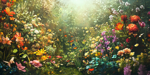 A whimsical garden with flowers that bloom at different times, showcasing the magic of nature and the passage of time