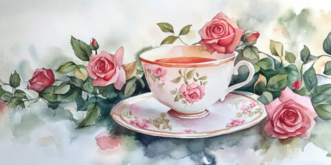 Hand painted watercolor of a vintage teacup with roses and leaves, capturing a classic look