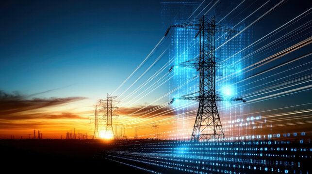 High voltage towers and power lines silhouetted against vibrant sunset, with digital elements representing energy flow and technology
