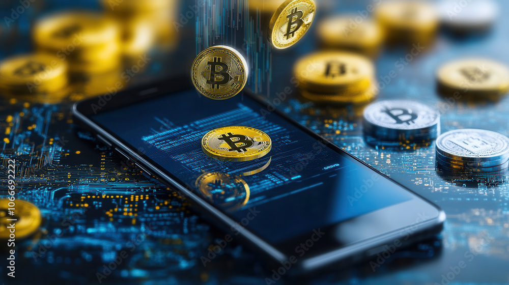 Poster smartphone displaying cryptocurrency transactions with bitcoin coins falling around it, symbolizing 