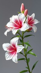 White and red lilies with pink buds bloom against a gray background