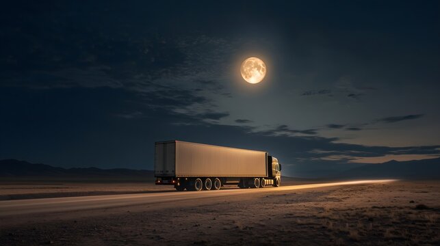 Semi truck driving on misty road at sunset. logistics companie, transportation service, trucking industry, road safety campaign, freight carrier, delivery service, and industrial marketing material.