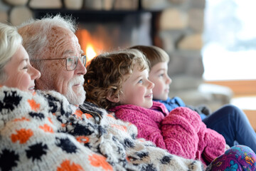Obraz premium Grandparents and children enjoying a Christmas fireplace gathering