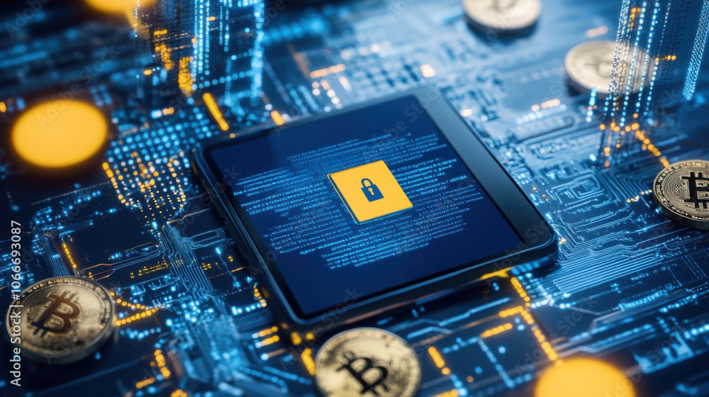 Poster digital tablet displaying lock symbol on circuit board background, surrounded by cryptocurrency coin