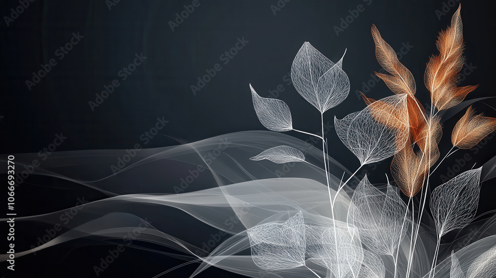 Poster delicate leaves and wispy lines create serene atmosphere, blending soft textures with touch of warmt