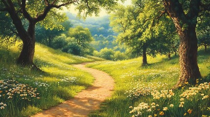 Naklejka premium A winding dirt path through a lush green meadow with trees on either side.