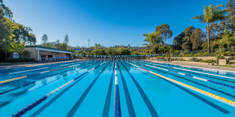 Obraz premium A serene swimming pool with lanes marked, reflecting bright blue water under a sunny sky, perfect for aquatic sports