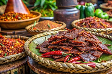 Fototapeta premium Discovering Dendeng Batokok: A Culinary Journey Through Traditional Indonesian Beef Jerky Making, Its Cultural Significance, Preparation Techniques, and Local Ingredients in Padang Cuisine