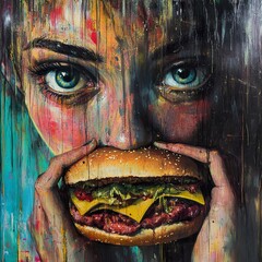 Abstract Portrait of a Woman Eating a Burger - Contemporary Food Art Painting