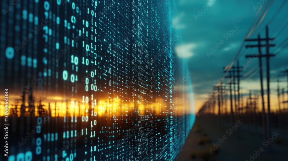 Poster digital landscape featuring binary code against sunset backdrop, symbolizing technology and connecti