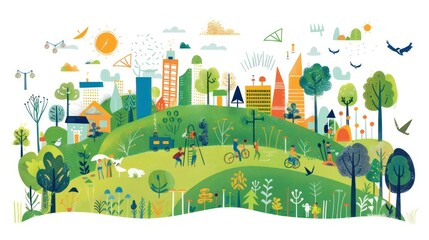 Communities implementing nature-based solutions to protect ecosystems and combat climate change. Illustrations