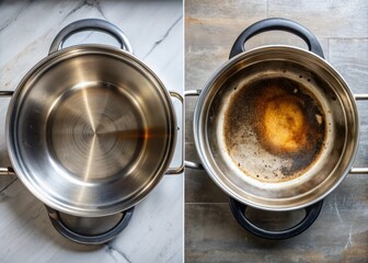Dramatic Before and After Comparison of a Burnt Stainless Steel Pan and its Spotless, Shiny Condition After Cleaning, Captured in a Bright Kitchen Sink Setting