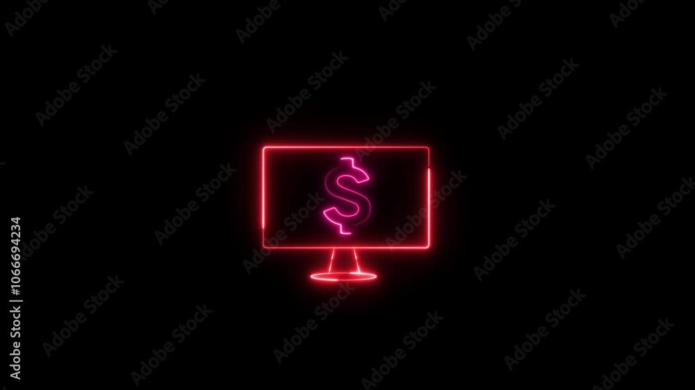 Poster glowing neon line computer monitor with dollar icon animation isolated on black background. internet