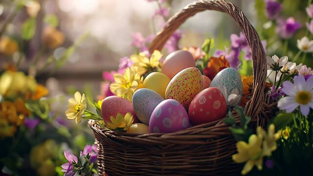 Vibrant easter celebration with colorful eggs in a spring garden setting