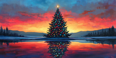 A vibrant Christmas tree reflecting the colors of the sunset, creating a stunning backdrop for holiday celebrations