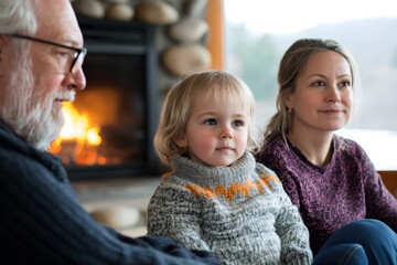 Multigenerational family enjoying Christmas storytelling by the fireplace